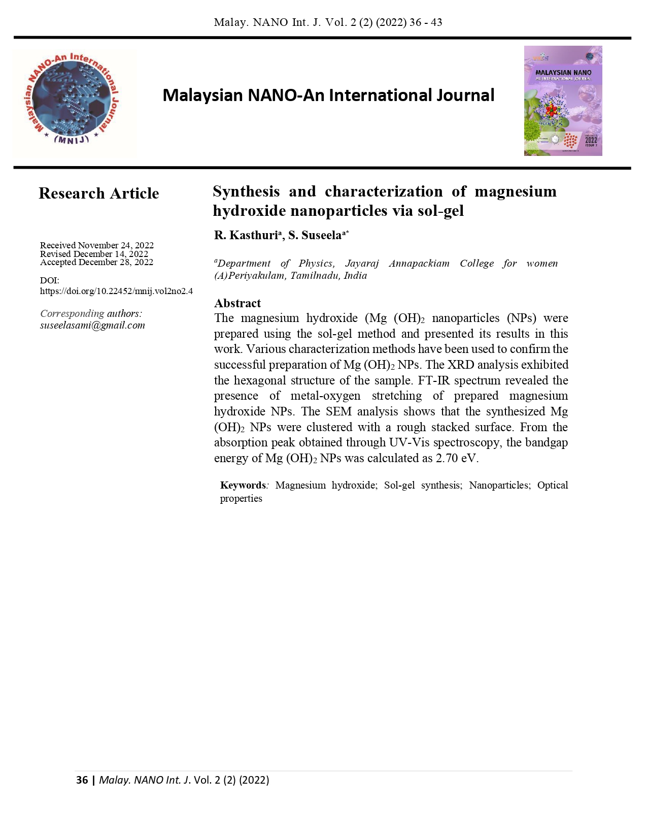 Synthesis and characterization of magnesium hydroxide nanoparticles via ...