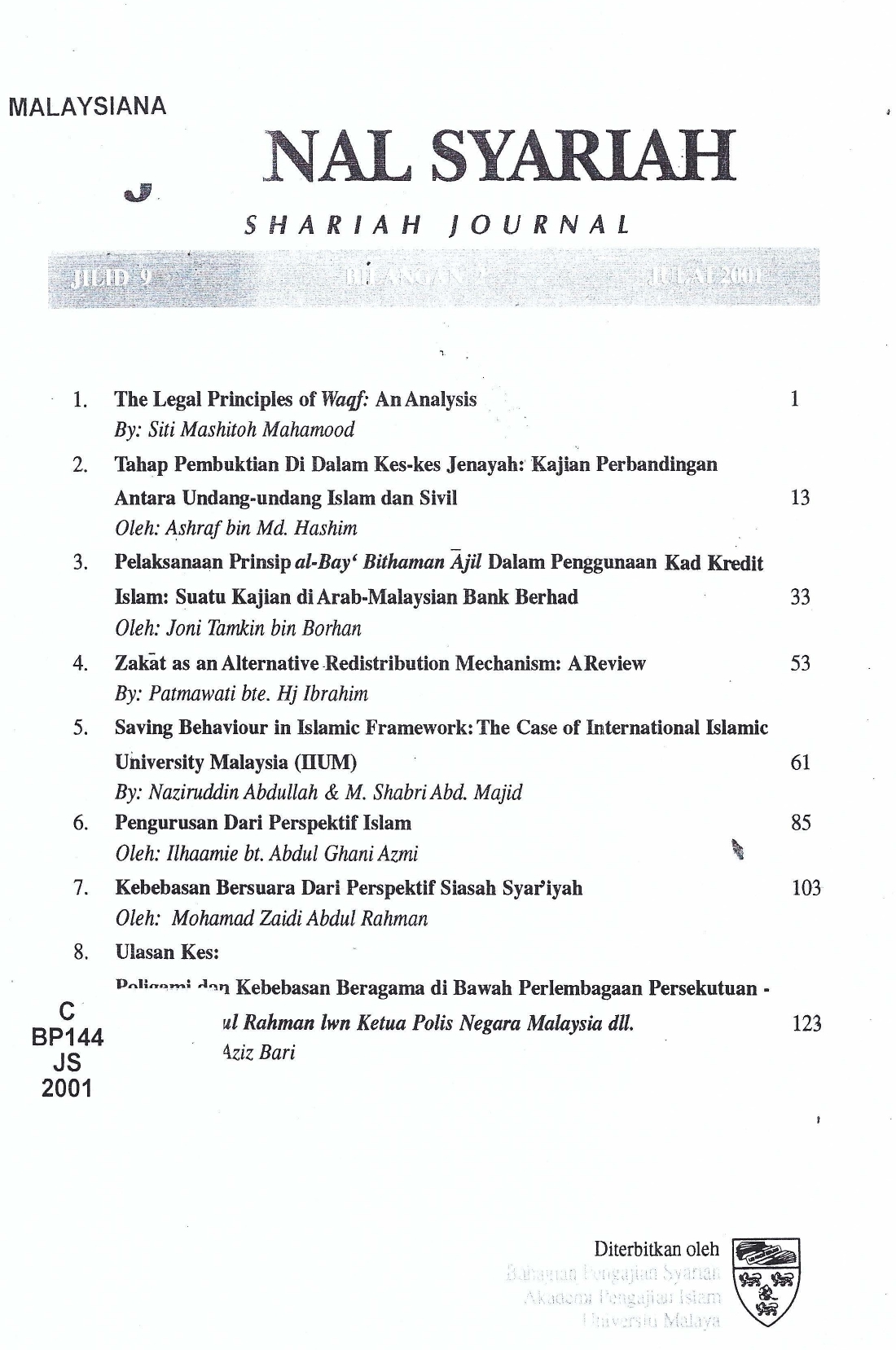 View Vol. 9 No. 1 (2001): Jurnal Syariah